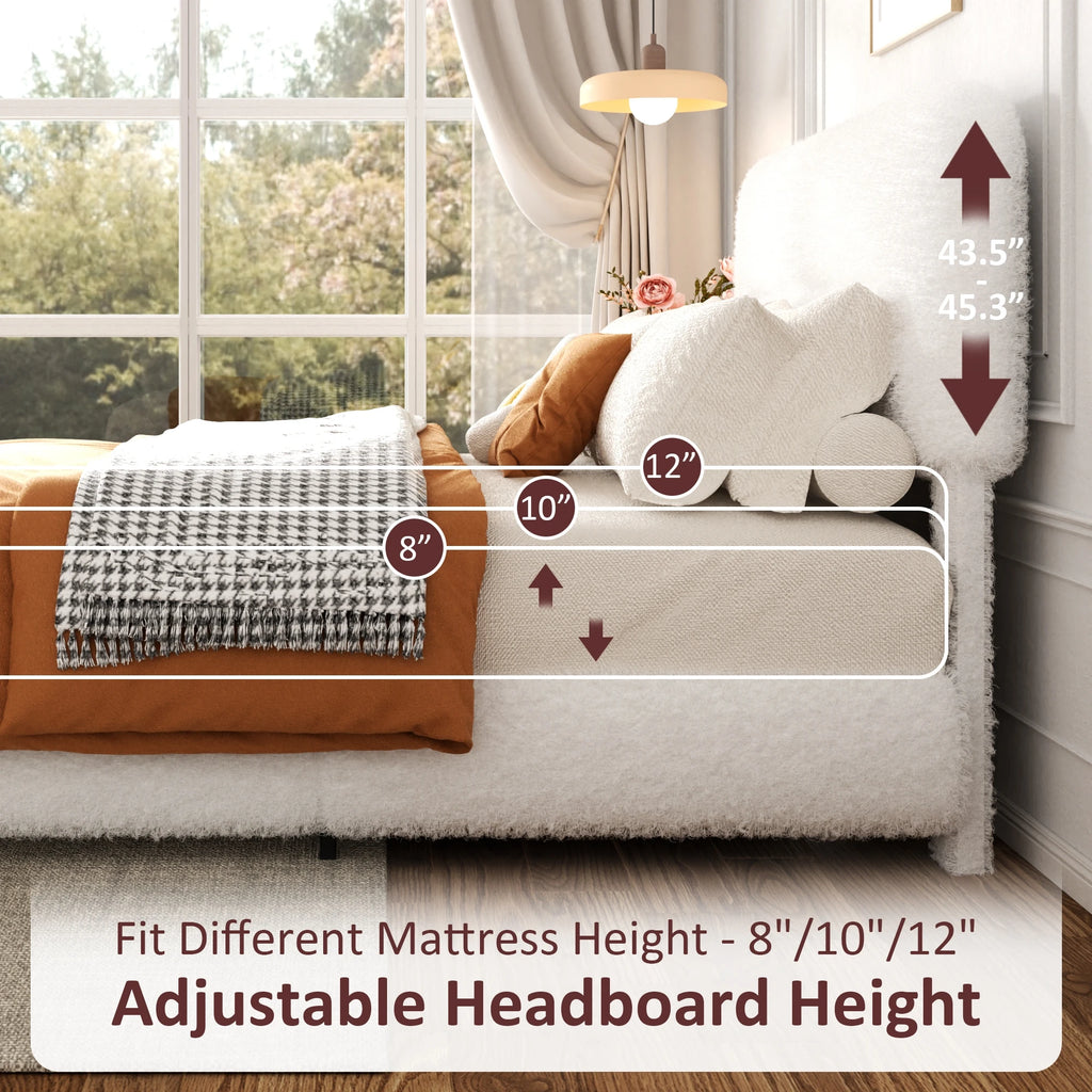 Modern Boucle Platform Bed Frame – Luxury Upholstered Low Profile Bed with Headboard