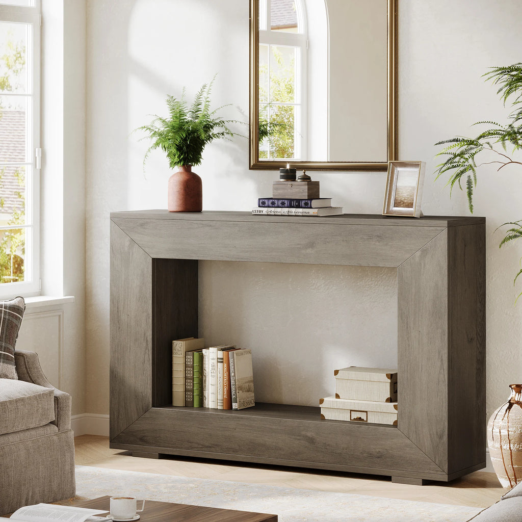 Rustic Industrial Horn Round Console Table with Storage – Handmade Entryway Sofa Table