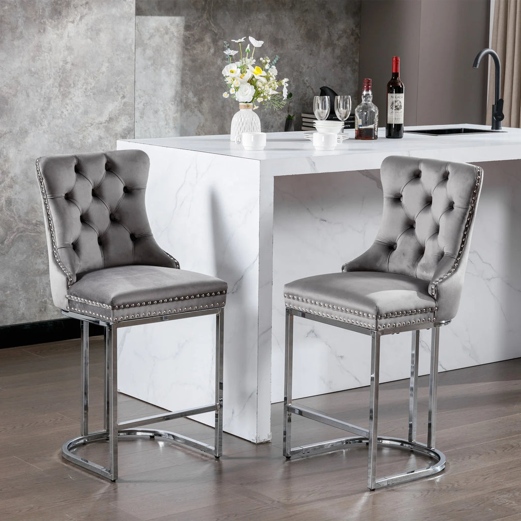 Modern Velvet Counter Height Bar Stools Set of 2 – Tufted High Back, Chrome Base, USA Warehouse
