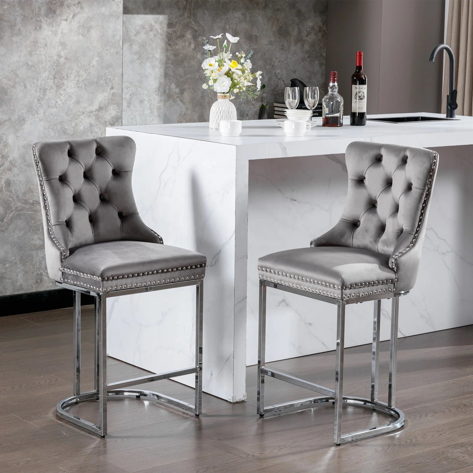 Modern Velvet Counter Height Bar Stools Set of 2 – Tufted High Back, Chrome Base, USA Warehouse