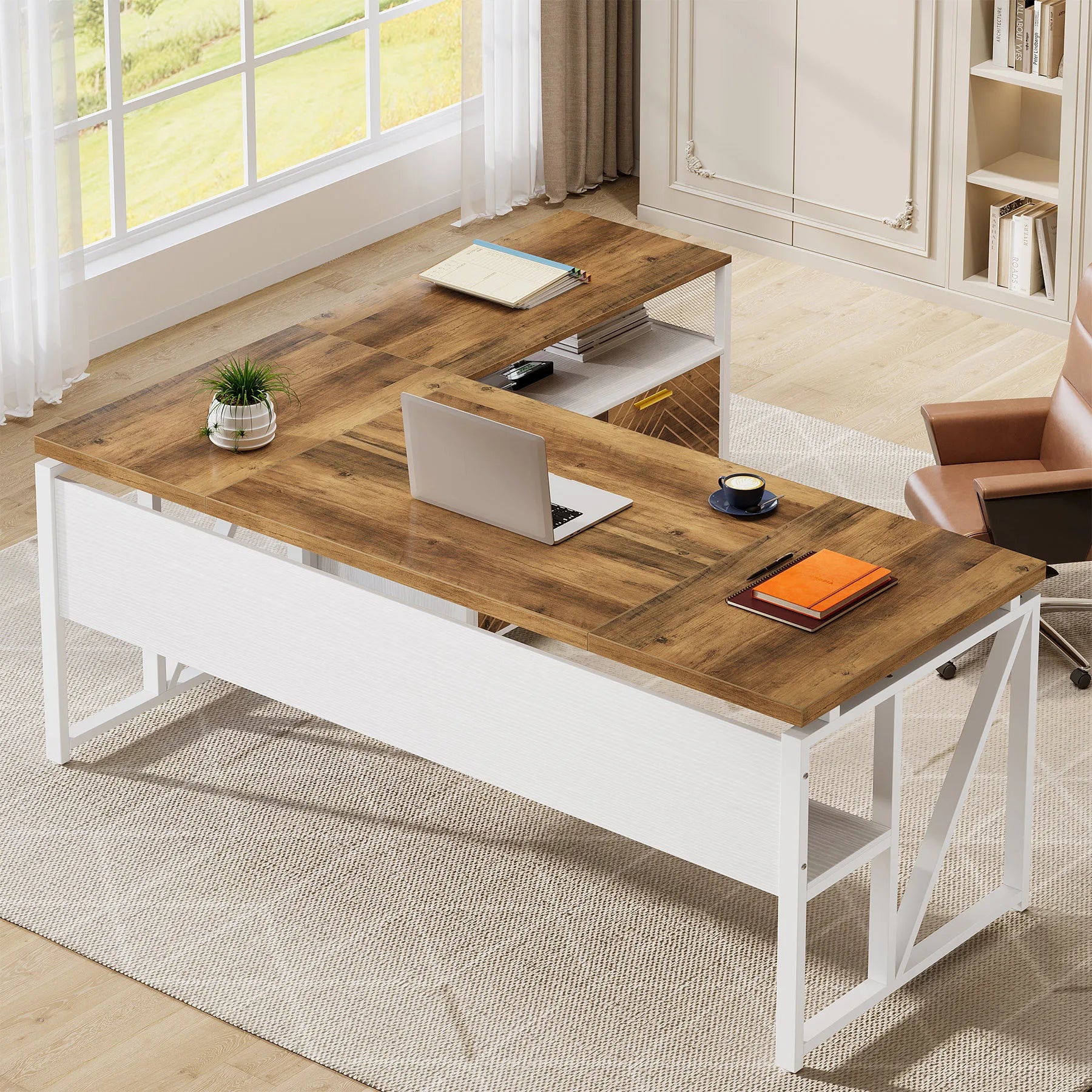 63-Inch L-Shaped Executive Desk with File Cabinet – Modern Home Office Furniture Set