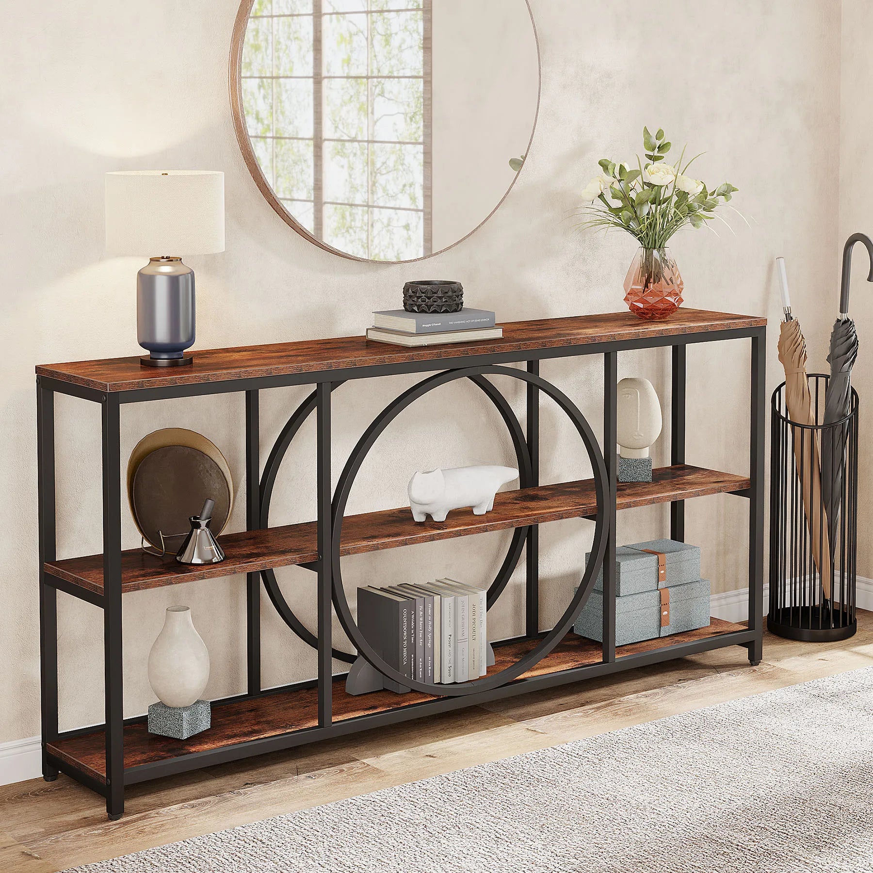 70.9-Inch Extra Long Console Table with 3-Tier Storage Shelves – Farmhouse Entryway & Sofa Table