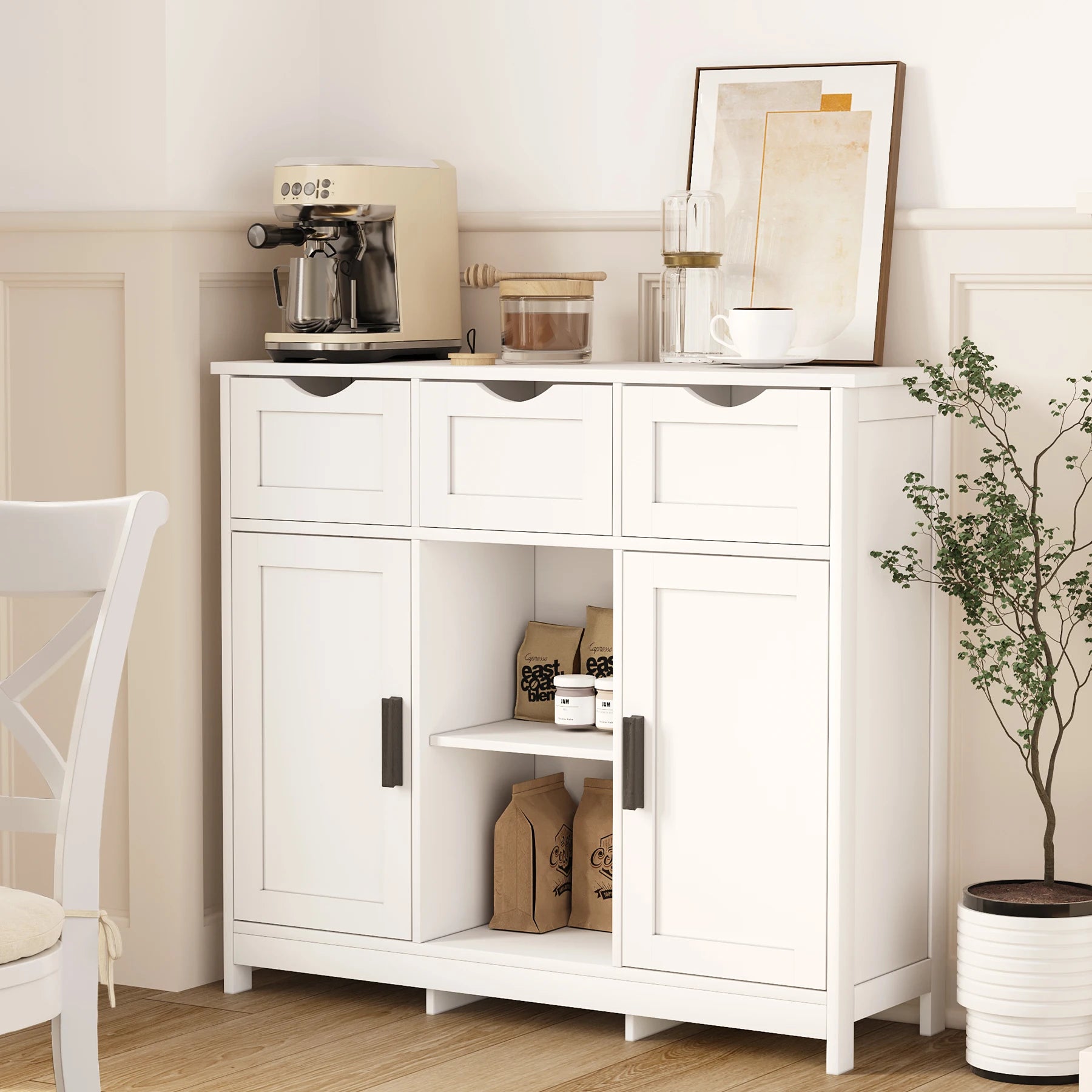 Modern Storage Cabinet with Drawers & Adjustable Shelves – Multi-Purpose Sideboard Organizer