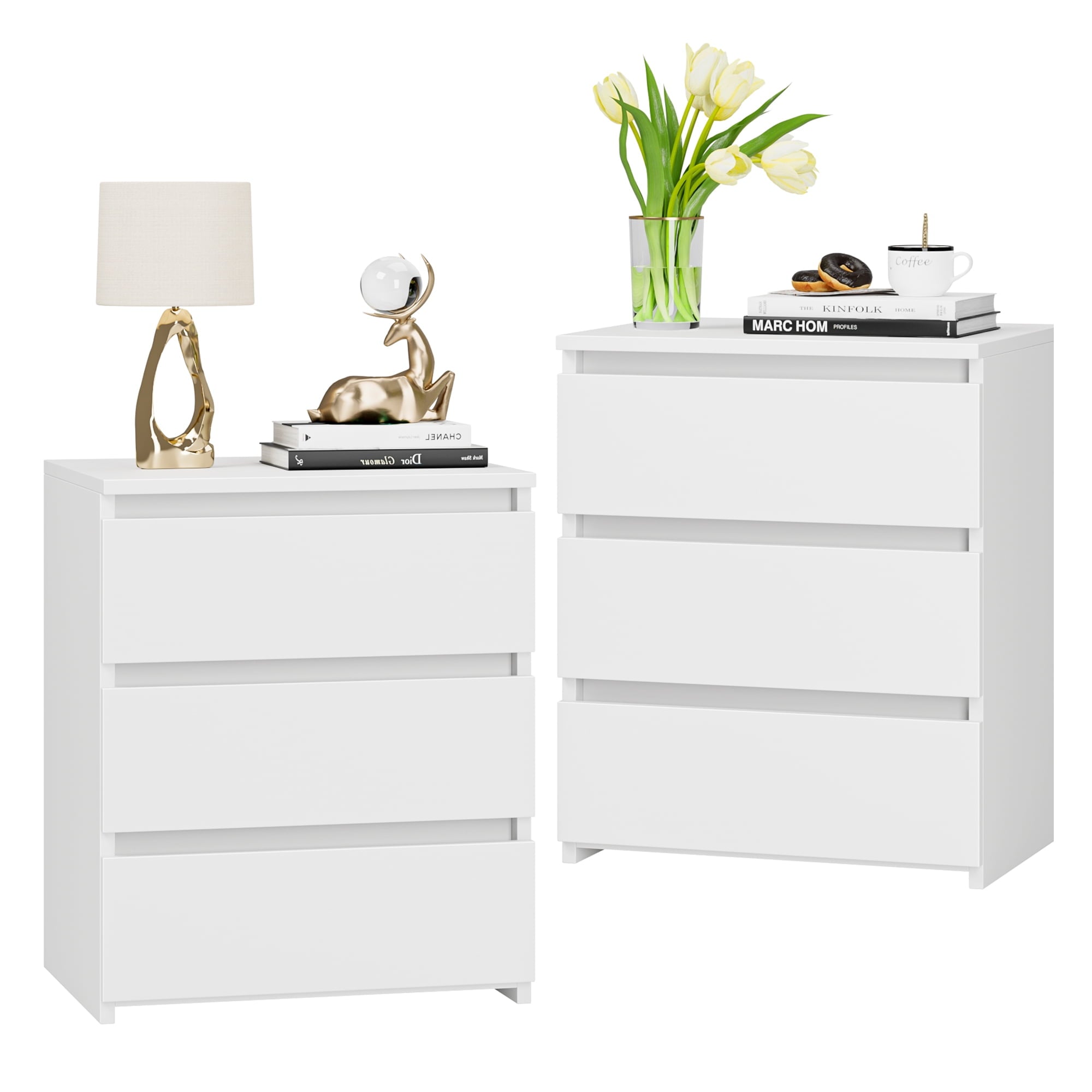 White Nightstand with 3 Drawers Set of 2, Sofa Table for Living Room, Modern Wooden Storage Cabinet for Bedroom