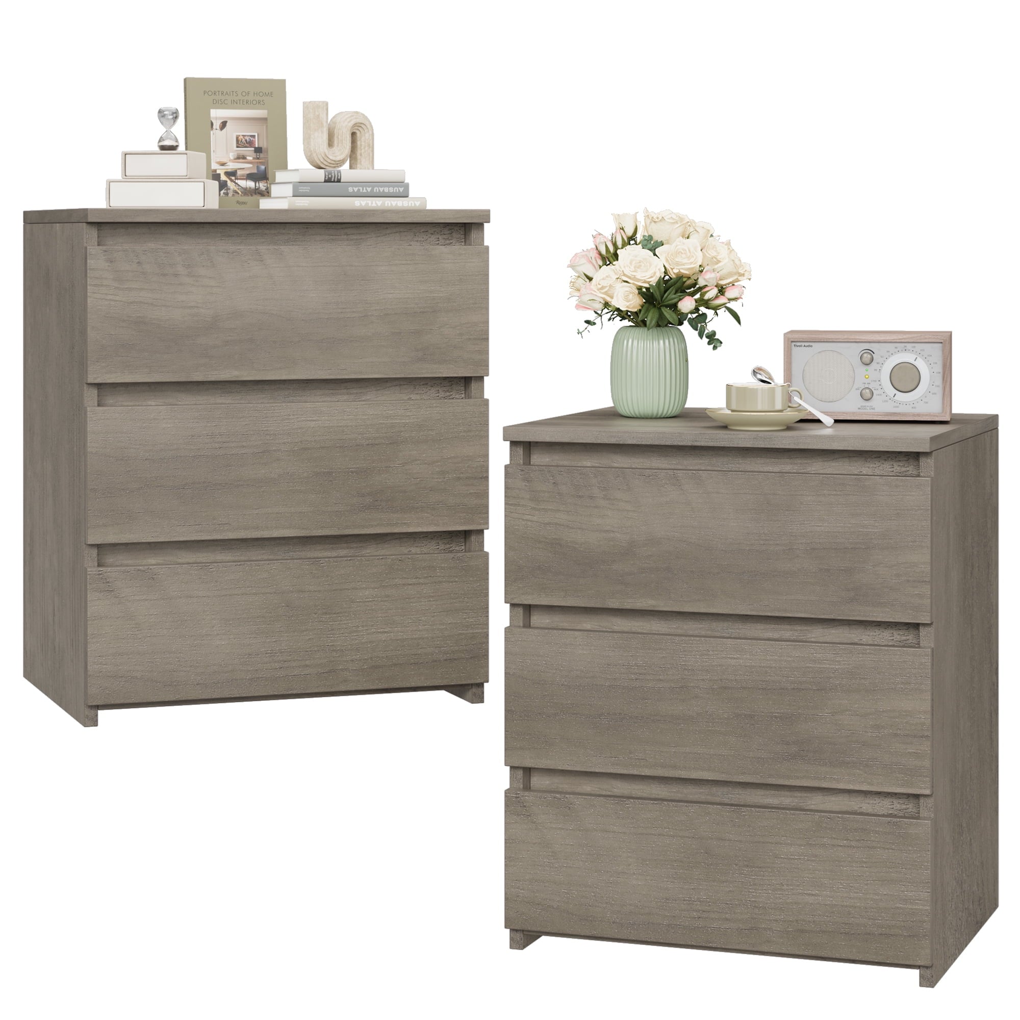 White Nightstand with 3 Drawers Set of 2, Sofa Table for Living Room, Modern Wooden Storage Cabinet for Bedroom