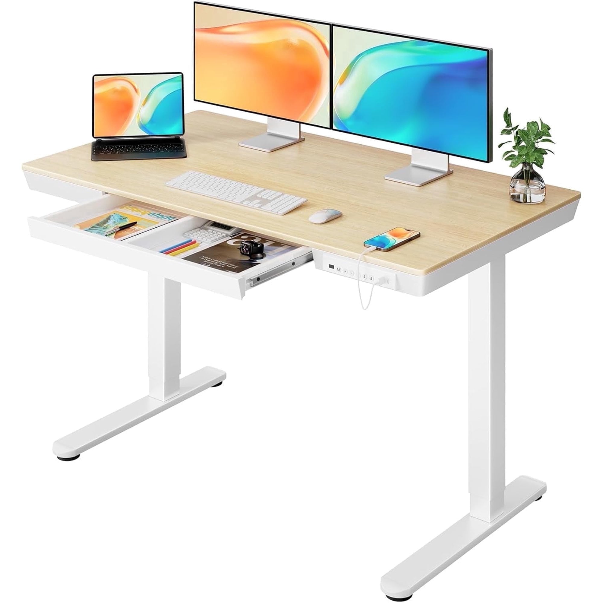 Glass Top Electric Standing Desk with Drawer, 48'' X 24'' Electric Height Adjustable Desk with USB Charging Ports, Sit Stand up for Home Office