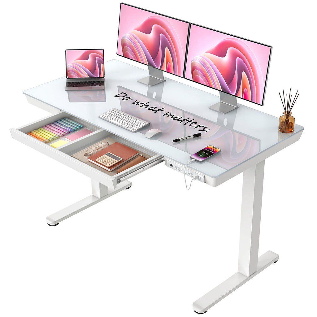 Glass Top Electric Standing Desk with Drawer, 48'' X 24'' Electric Height Adjustable Desk with USB Charging Ports, Sit Stand up for Home Office