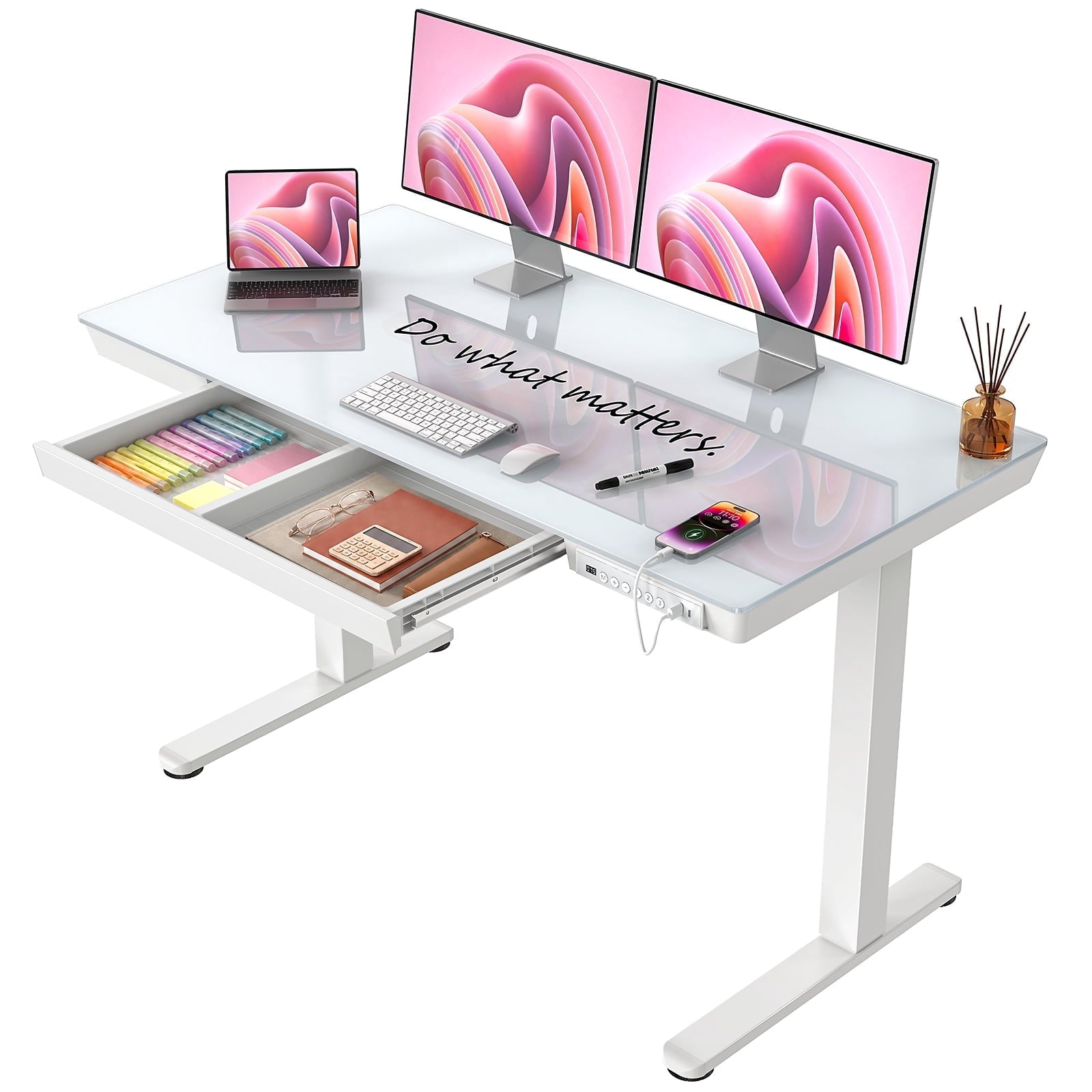 Glass Top Electric Standing Desk with Drawer, 48'' X 24'' Electric Height Adjustable Desk with USB Charging Ports, Sit Stand up for Home Office