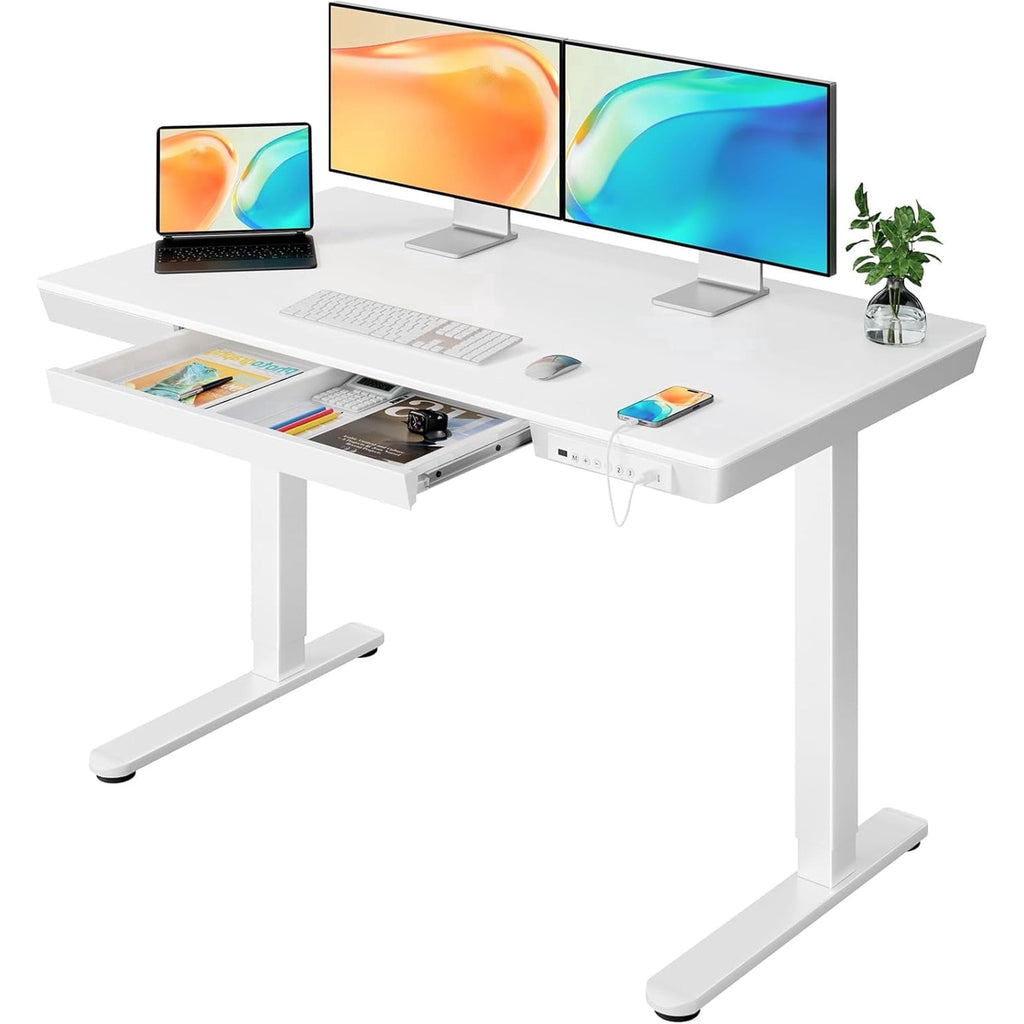 Glass Top Electric Standing Desk with Drawer, 48'' X 24'' Electric Height Adjustable Desk with USB Charging Ports, Sit Stand up for Home Office