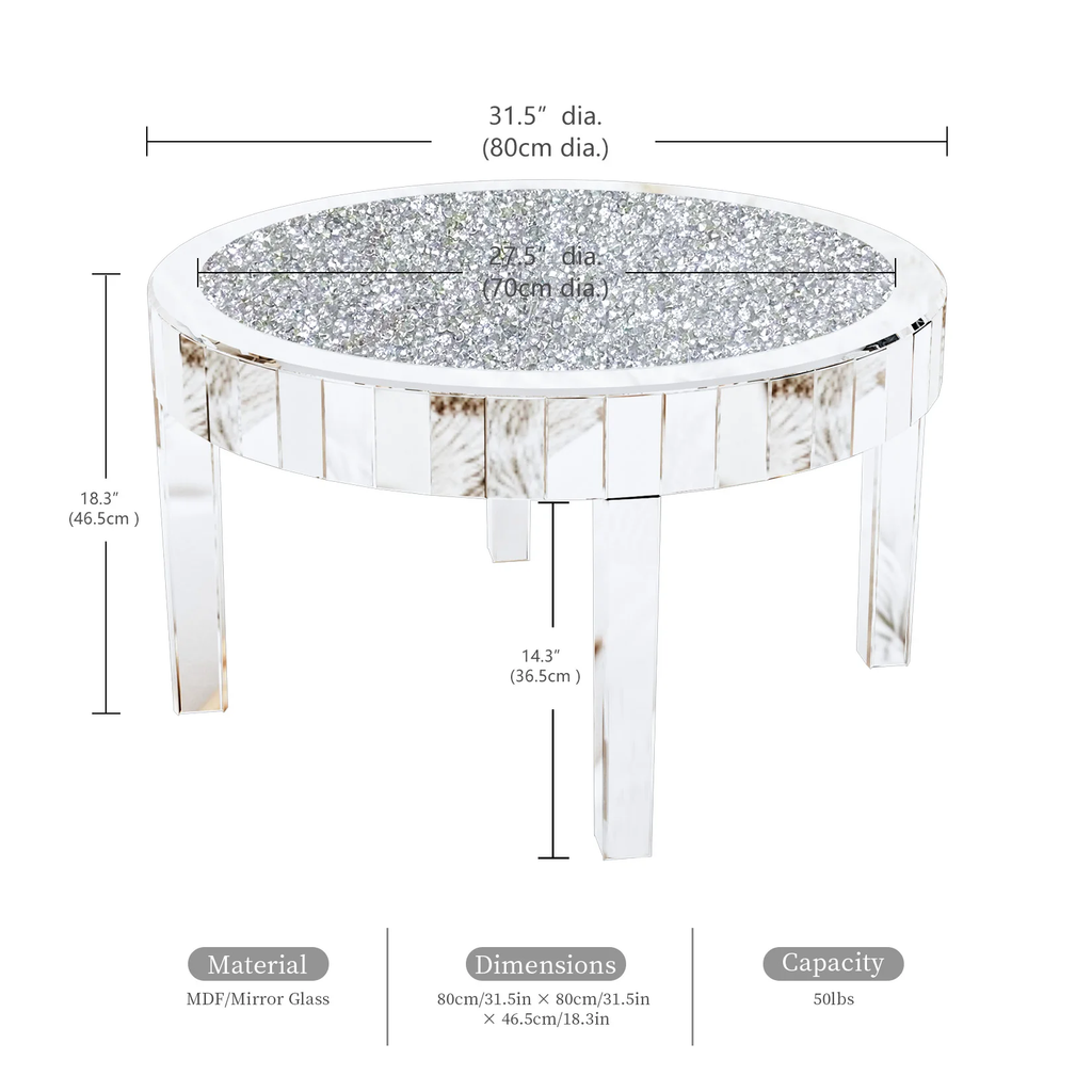 31.5" Mirrored Round Coffee Table with Crystal Diamond Inlay – Silver Glam Accent Table for Living Room