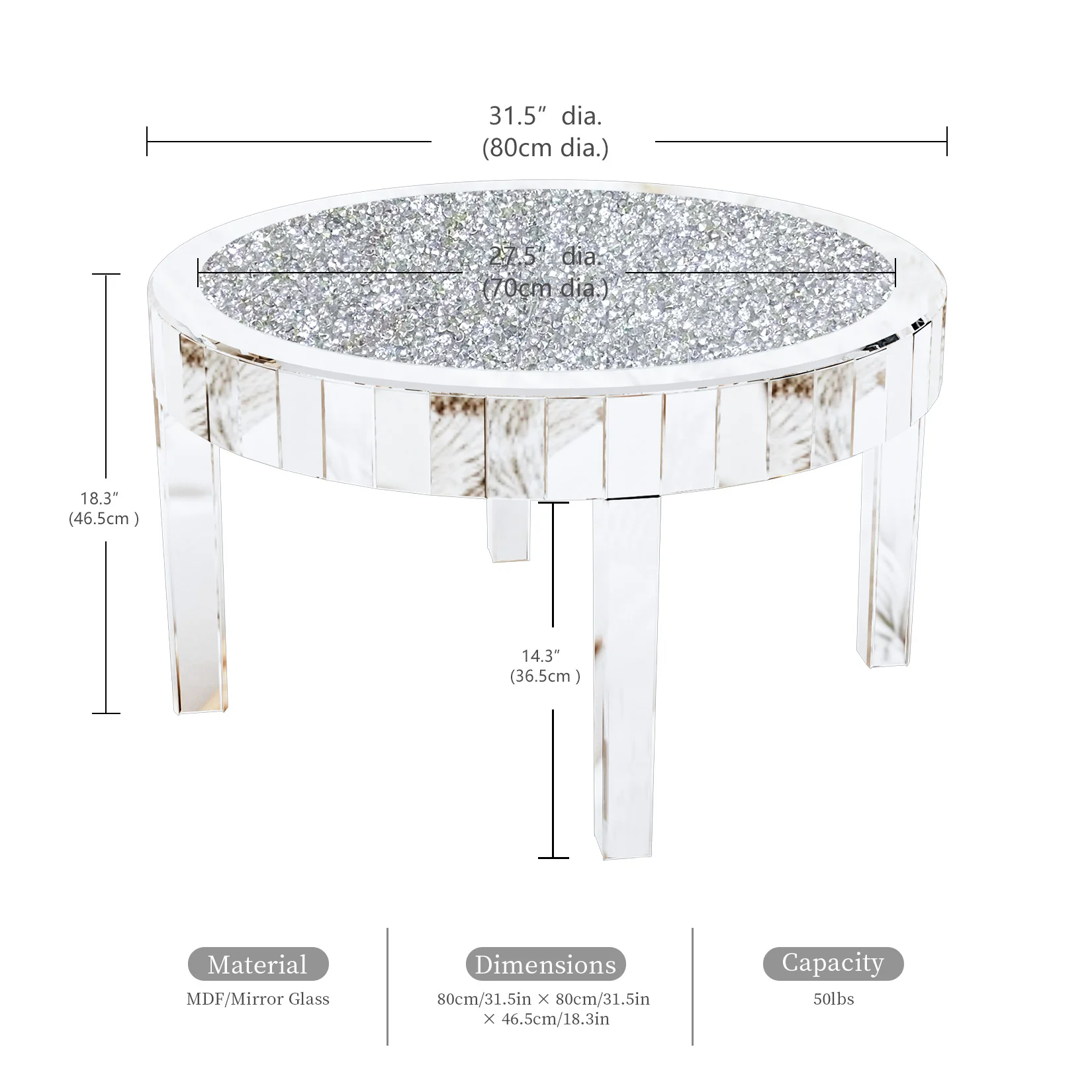 31.5" Mirrored Round Coffee Table with Crystal Diamond Inlay – Silver Glam Accent Table for Living Room
