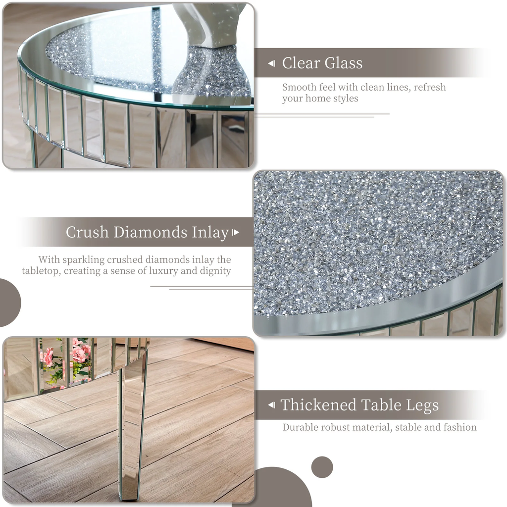 31.5" Mirrored Round Coffee Table with Crystal Diamond Inlay – Silver Glam Accent Table for Living Room