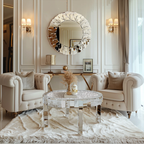 31.5" Mirrored Round Coffee Table with Crystal Diamond Inlay – Silver Glam Accent Table for Living Room