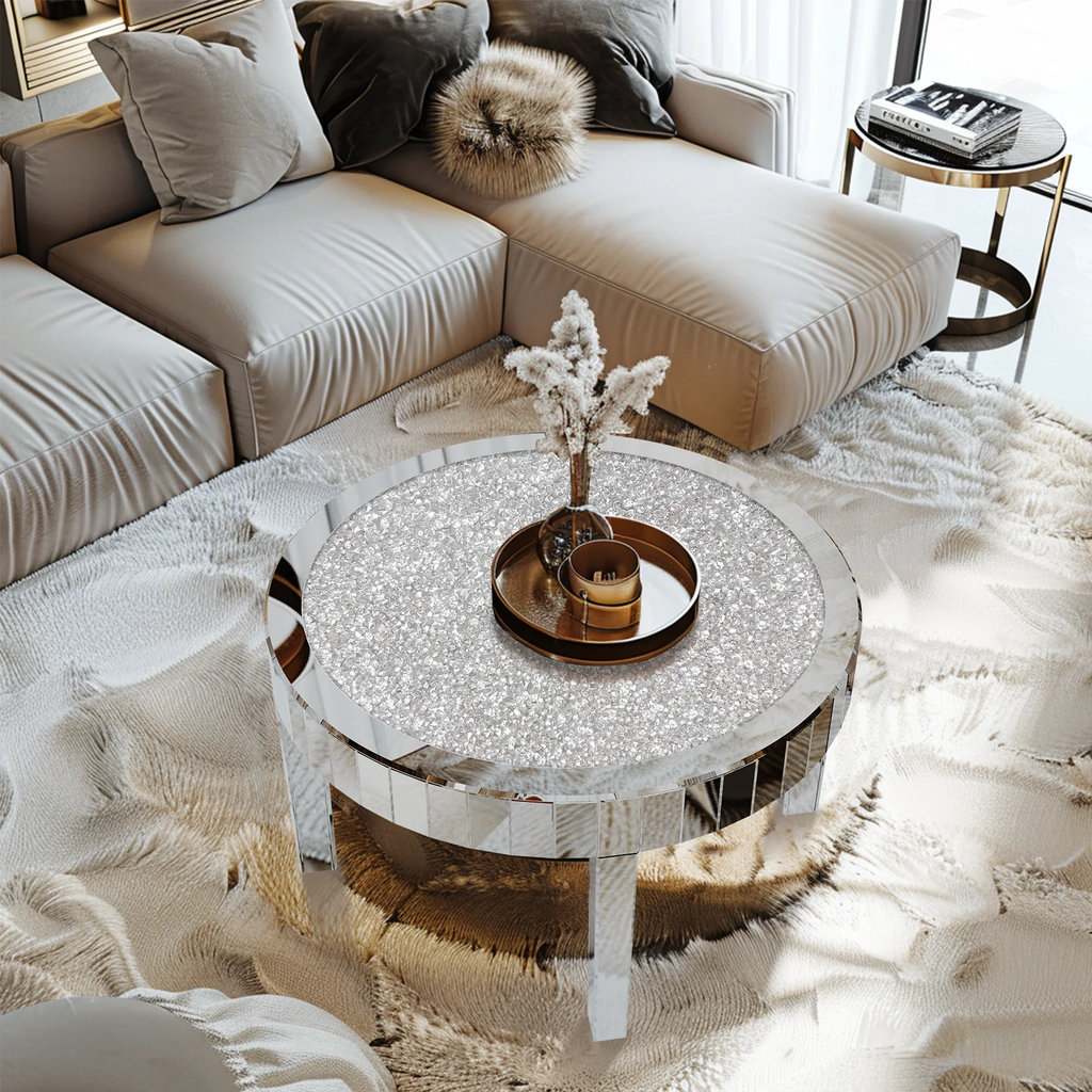 31.5" Mirrored Round Coffee Table with Crystal Diamond Inlay – Silver Glam Accent Table for Living Room