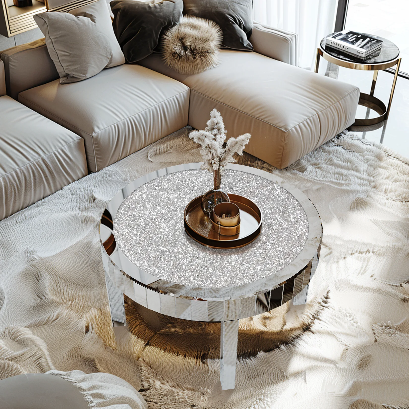 31.5" Mirrored Round Coffee Table with Crystal Diamond Inlay – Silver Glam Accent Table for Living Room