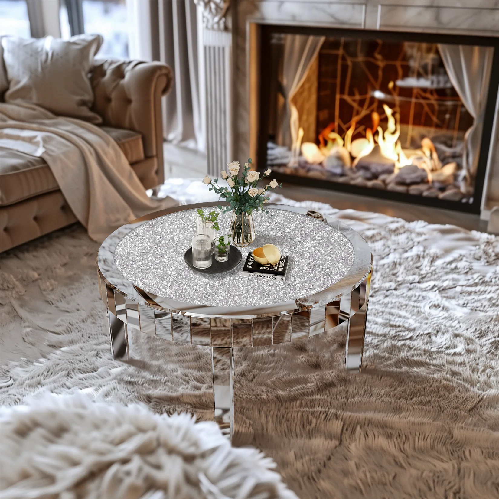 31.5" Mirrored Round Coffee Table with Crystal Diamond Inlay – Silver Glam Accent Table for Living Room