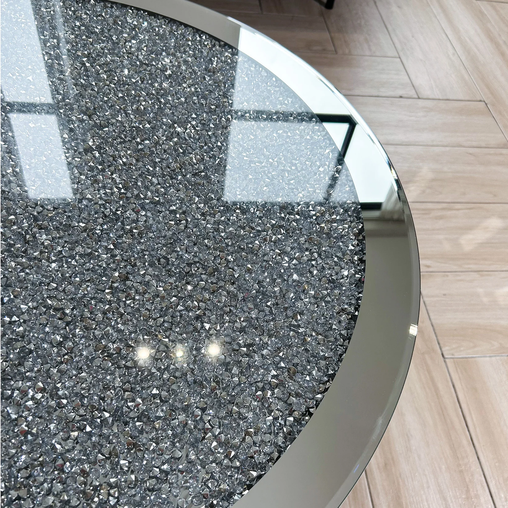 31.5" Mirrored Round Coffee Table with Crystal Diamond Inlay – Silver Glam Accent Table for Living Room