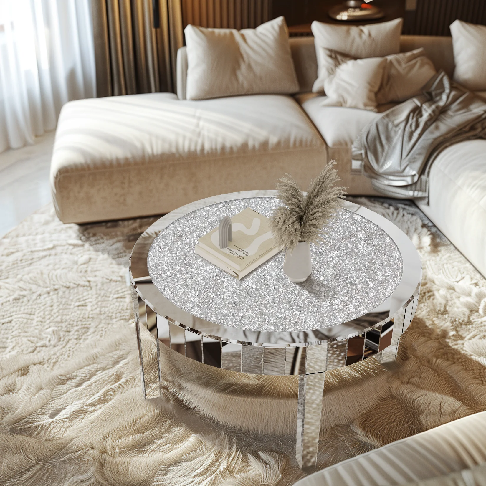 31.5" Mirrored Round Coffee Table with Crystal Diamond Inlay – Silver Glam Accent Table for Living Room