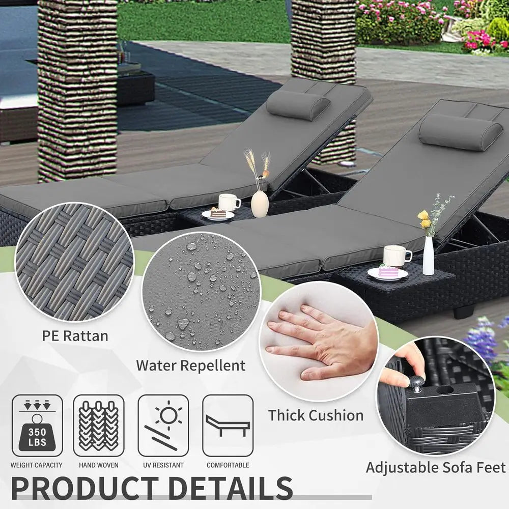2-Piece Outdoor Patio Recliner Lounge Chair Set with Adjustable Backrests & Grey Cushions