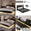 Bed Frame Queen Size with LED Lights Amp Charging Station Kids Wood Floating Queen Bed Frame with Storage Headboard, Adhesive S