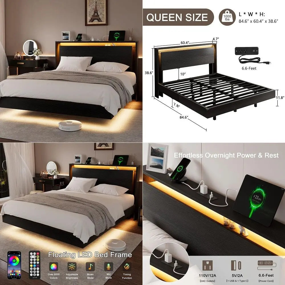 Bed Frame Queen Size with LED Lights Amp Charging Station Kids Wood Floating Queen Bed Frame with Storage Headboard, Adhesive S
