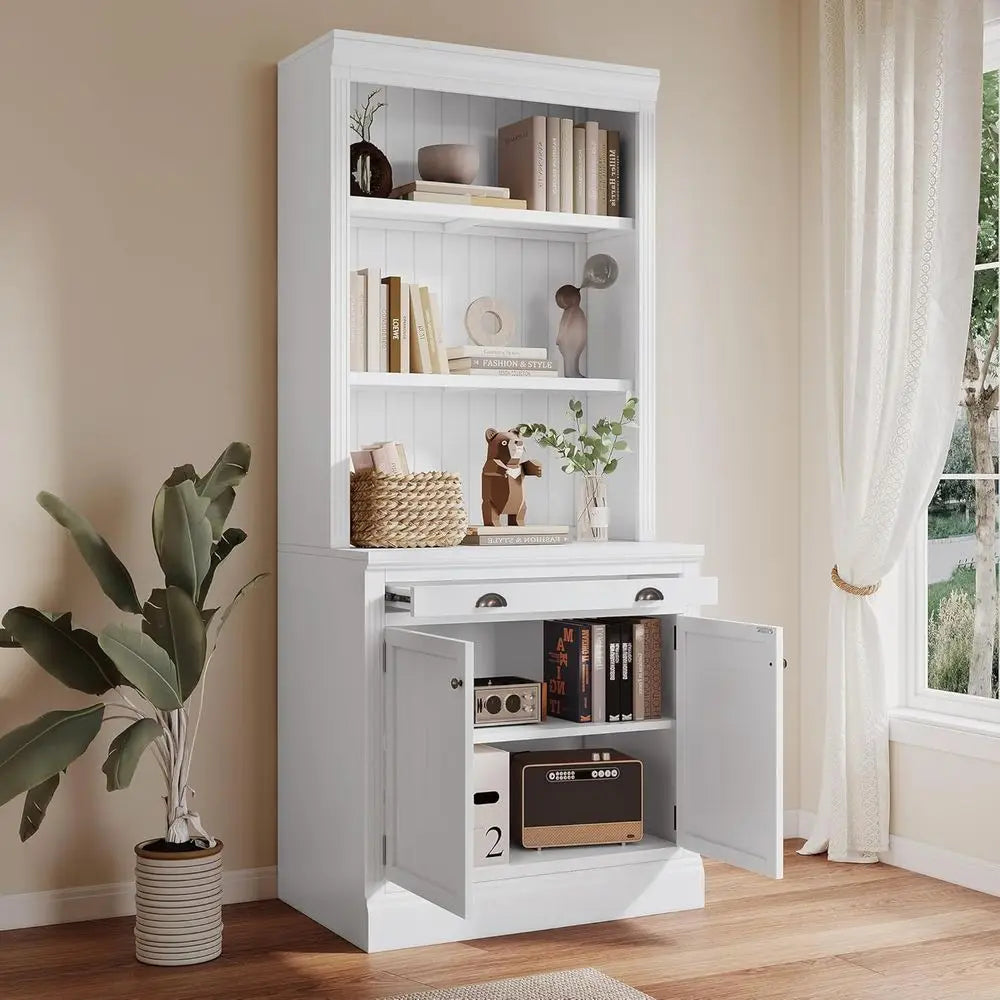 83.4 Tall White Solid Wood Bookcase with Cabinet, Drawers, Adjustable Shelves & LED Lighting for Home Office Living Room Storage