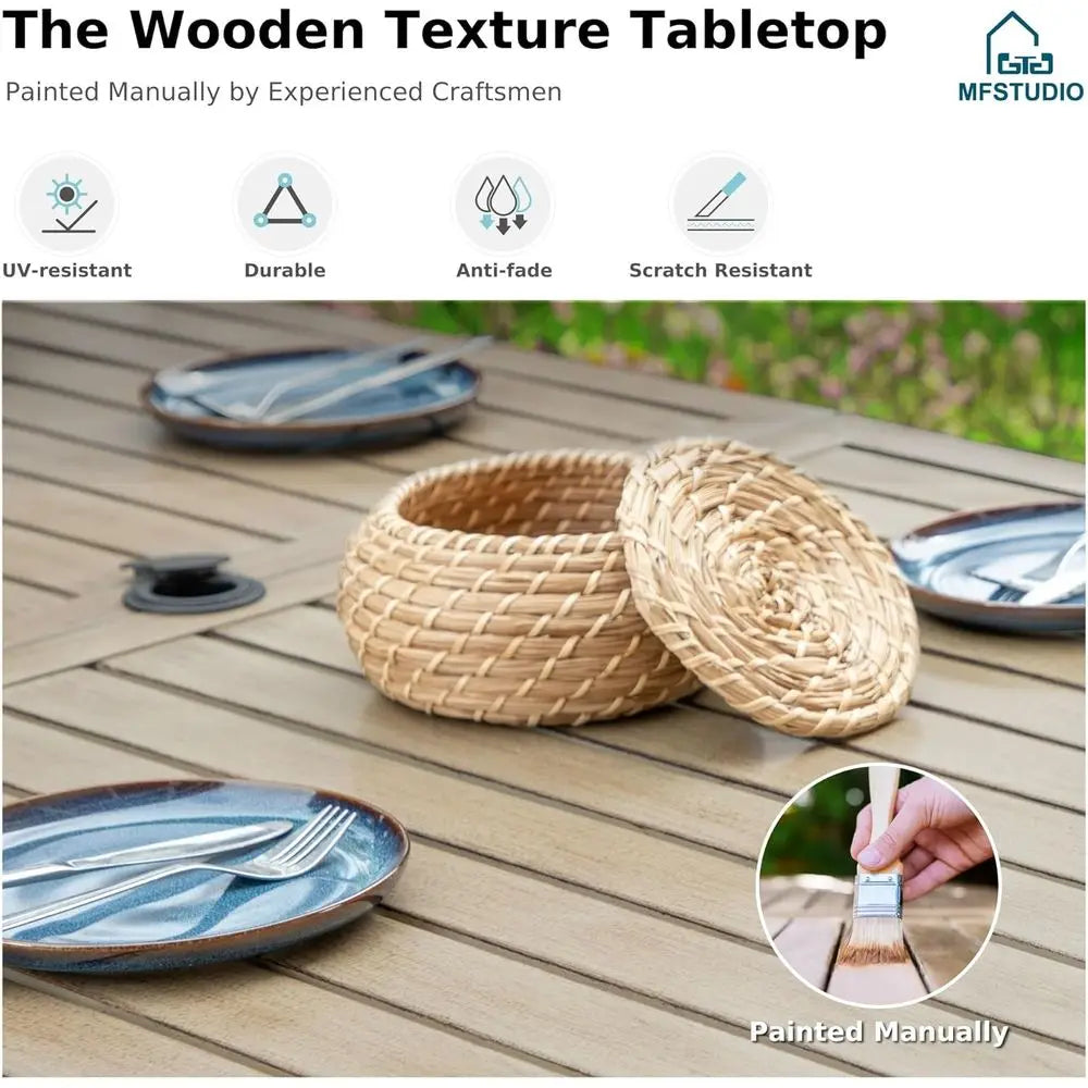 64X38 Outdoor Patio Dining Table with Wood-Like Tabletop and Adjustable Umbrella Hole for Deck, Backyard, Lawn, Garden