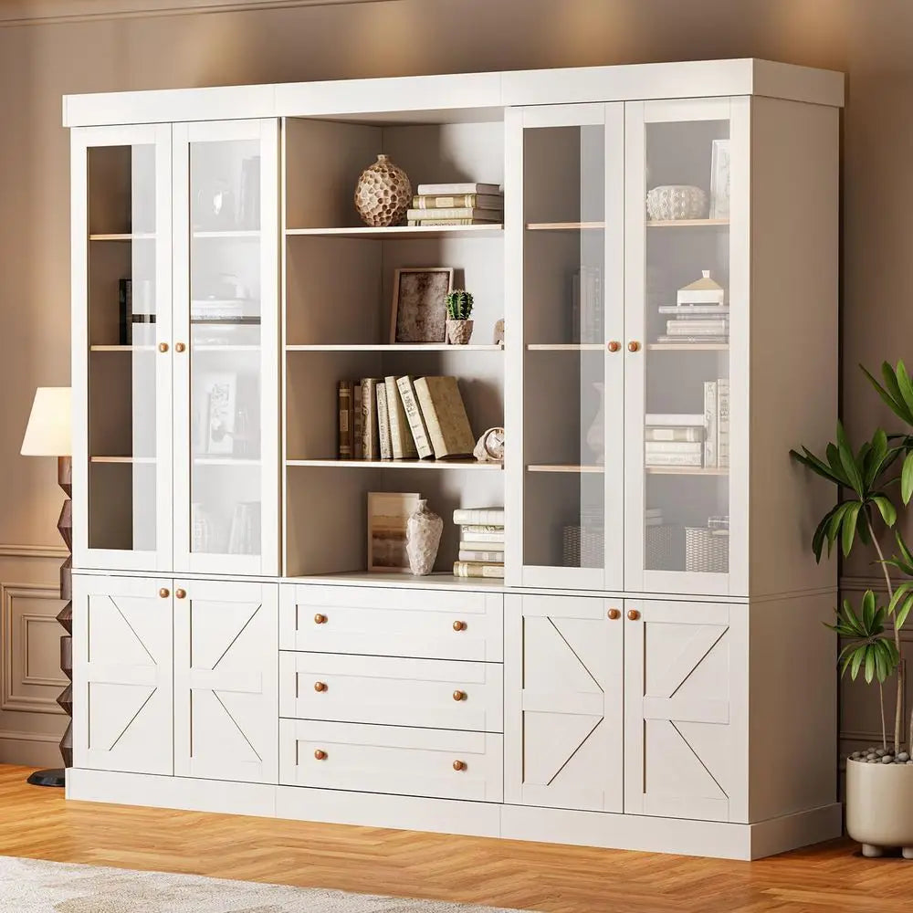71 High Glass-Door Tall Bookcase, 3-Piece Set, Adjustable Shelves, Ideal for Living Room or Kitchen, White