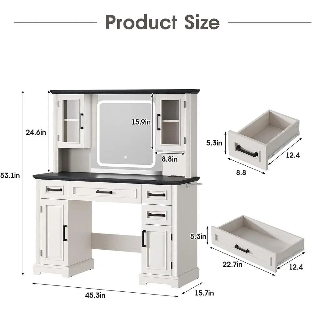 45-Inch White Makeup Vanity Desk with Mirror – LED Lights, Charging Station, Drawers & Cabinet Storage