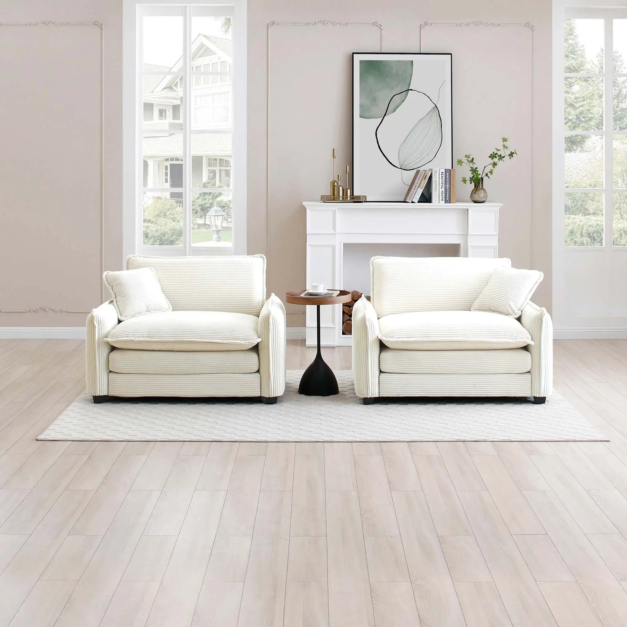 Beige Corduroy Deep-Seated Living Room Sofa Set with 2 Single Sofas – Luxury & Sophisticated Modern Comfort