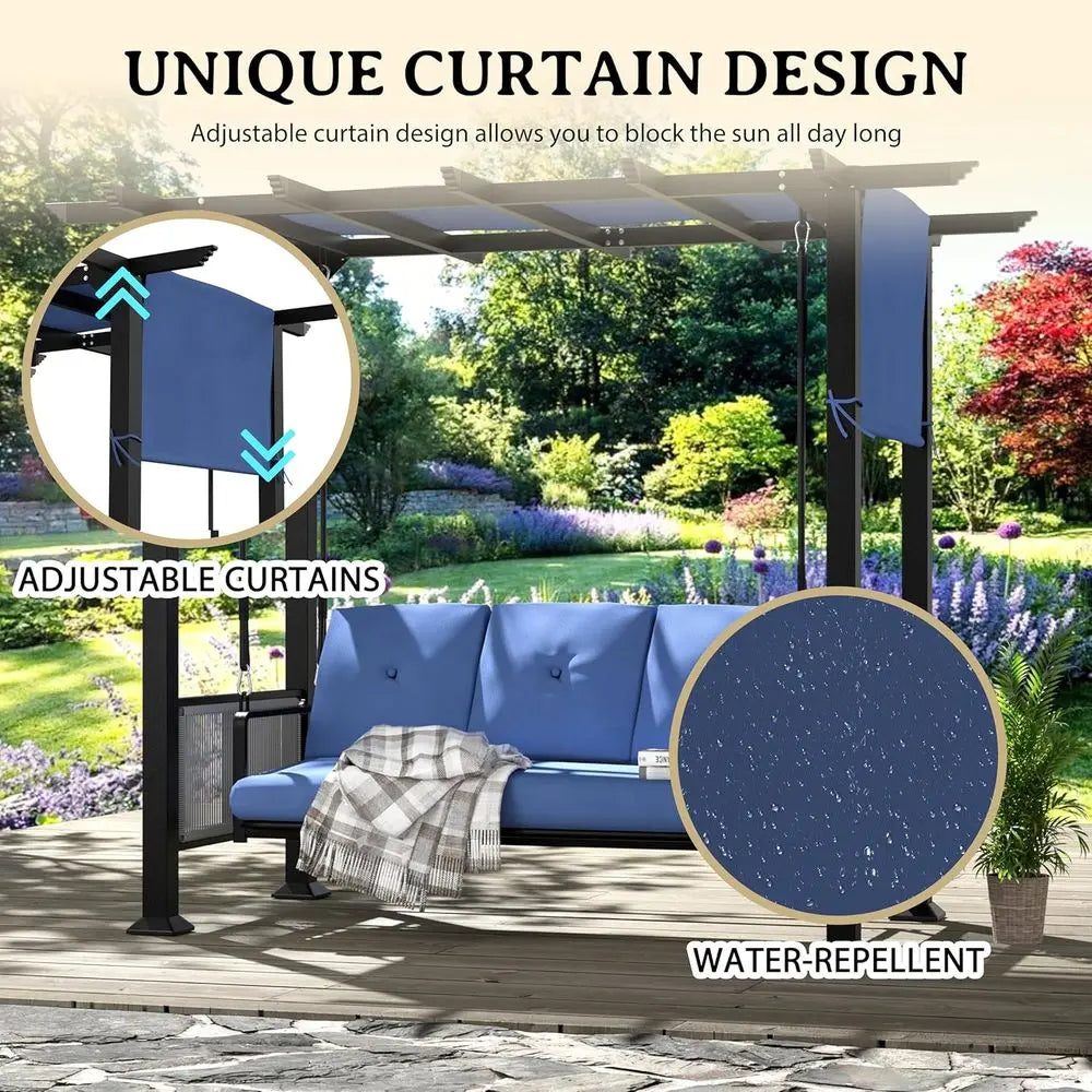 3-Seat Outdoor Metal Swing Bed with Cushion and Adjustable Curtains, Convertible Patio or Porch Swing Chair, Ideal for Backyard