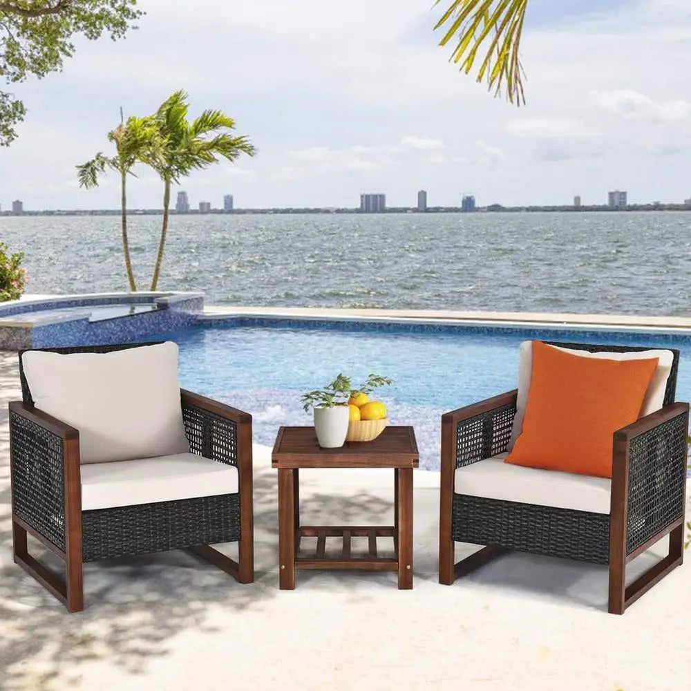 3-Piece Outdoor Wicker Sofa Set with Washable Cushions and Acacia Wood Coffee Table, Suitable for Bistro, Garden, or Balcony (Be