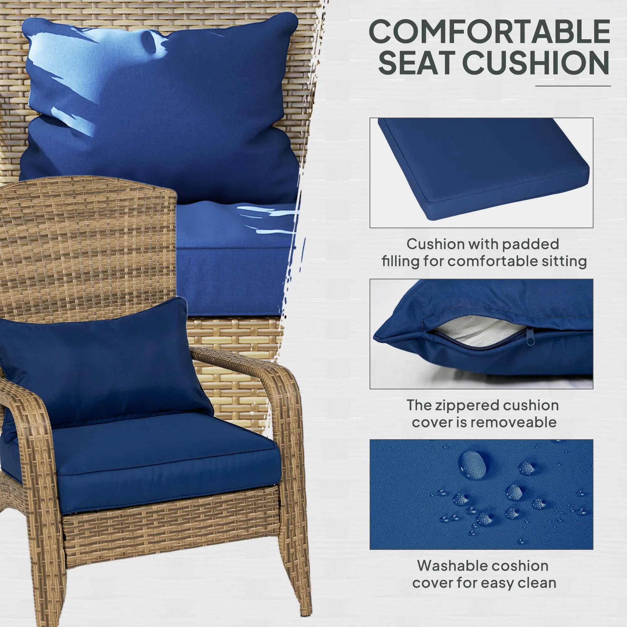 Patio Adirondack Chair with All-Weather Rattan Wicker, Soft Cushions, Tall Curved Backrest for Deck or Garden, Dark Blue