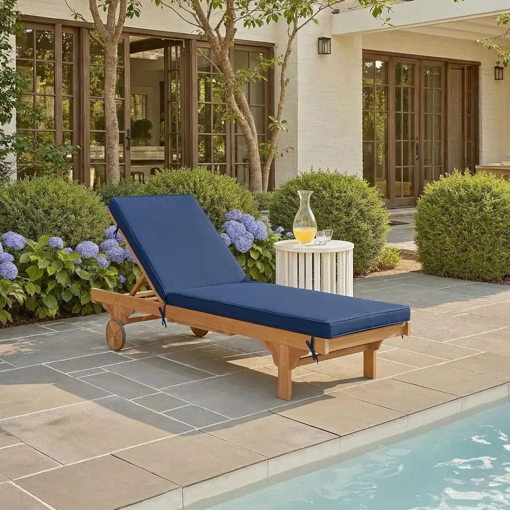 Navy Adjustable Chaise Lounge with Built-In Side Table and Natural Cushion