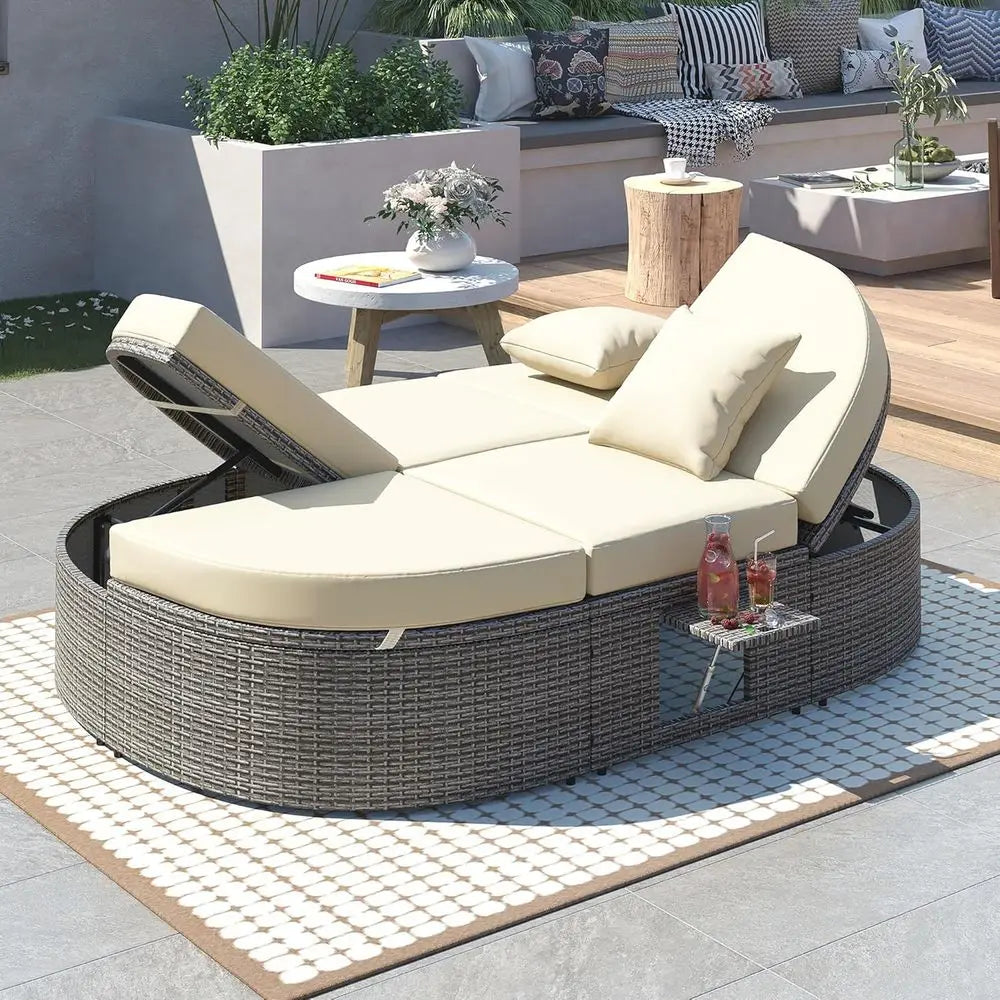 2-Person Outdoor Rattan Daybed with Adjustable Backrests, Cushions & Pillows – Beige