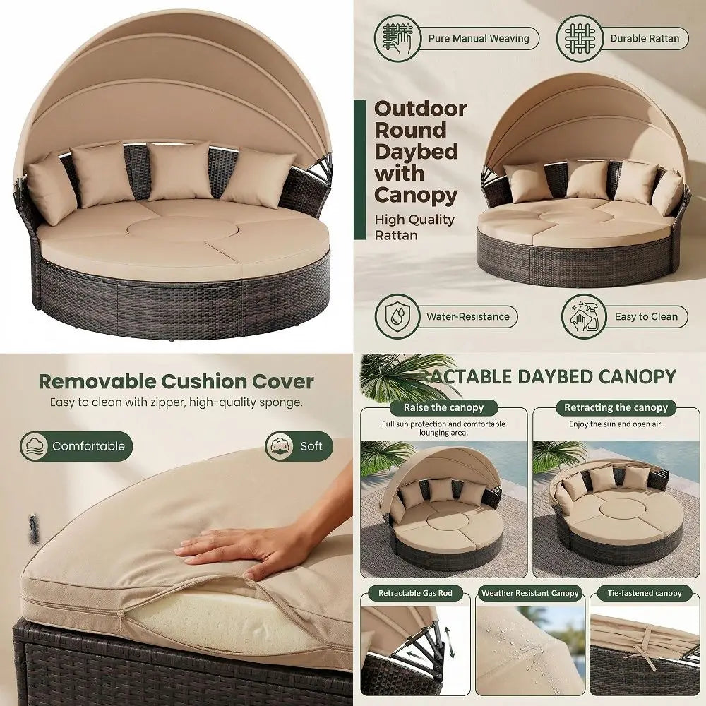 Patio Daybed with Retractable Canopy, Wicker Rattan Sectional round Sofa Furniture Set, 5 Pieces Seating Separates Cushioned Se