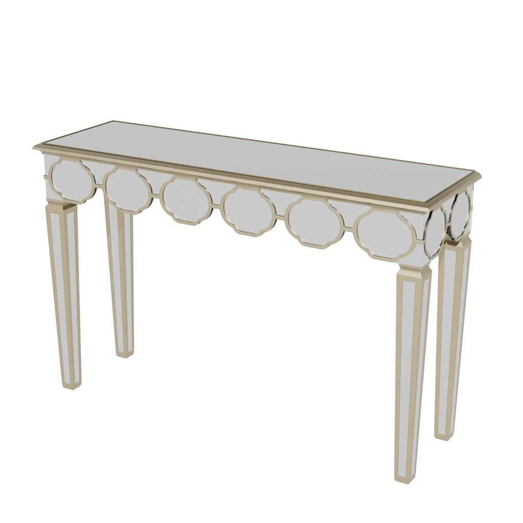 Mirrored Console Table:Modern Rectangular Silver Mirrored Entryway Table with Gold Rim Decorative Sofa Table 4 Legs for Hallway