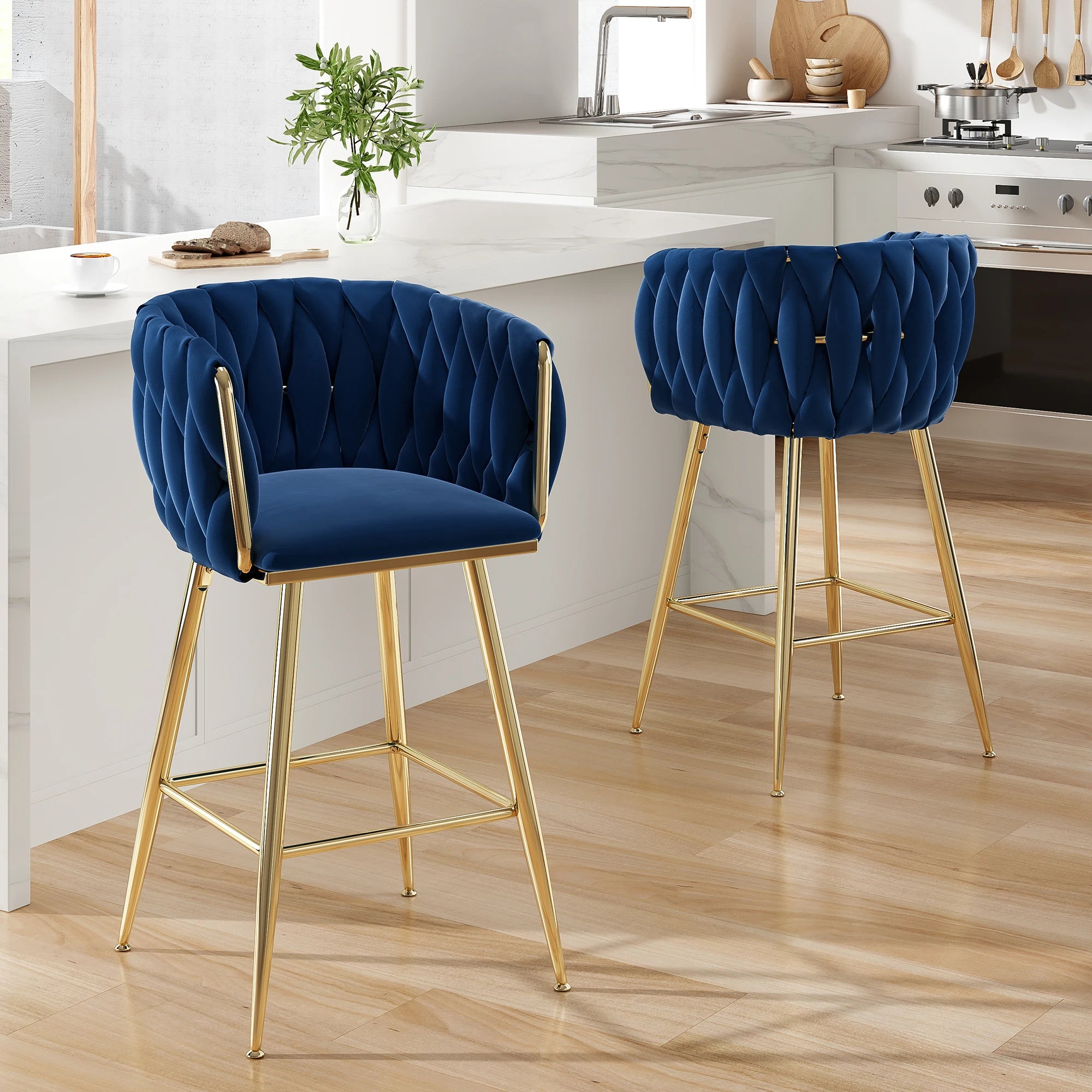 Set of 2 26" Bar Stools, Modern Mid-Century Kitchen Stools with Back, Metal Legs, for Kitchen, Dining Room