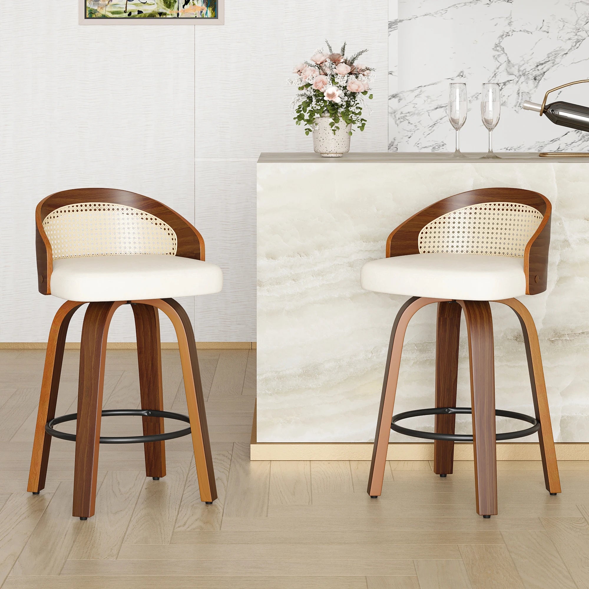 Set of 2 Swivel Bar Stools, Modern Wood Frame with Rattan Back, PU Leather Seat for Kitchen Counter, Bar Table