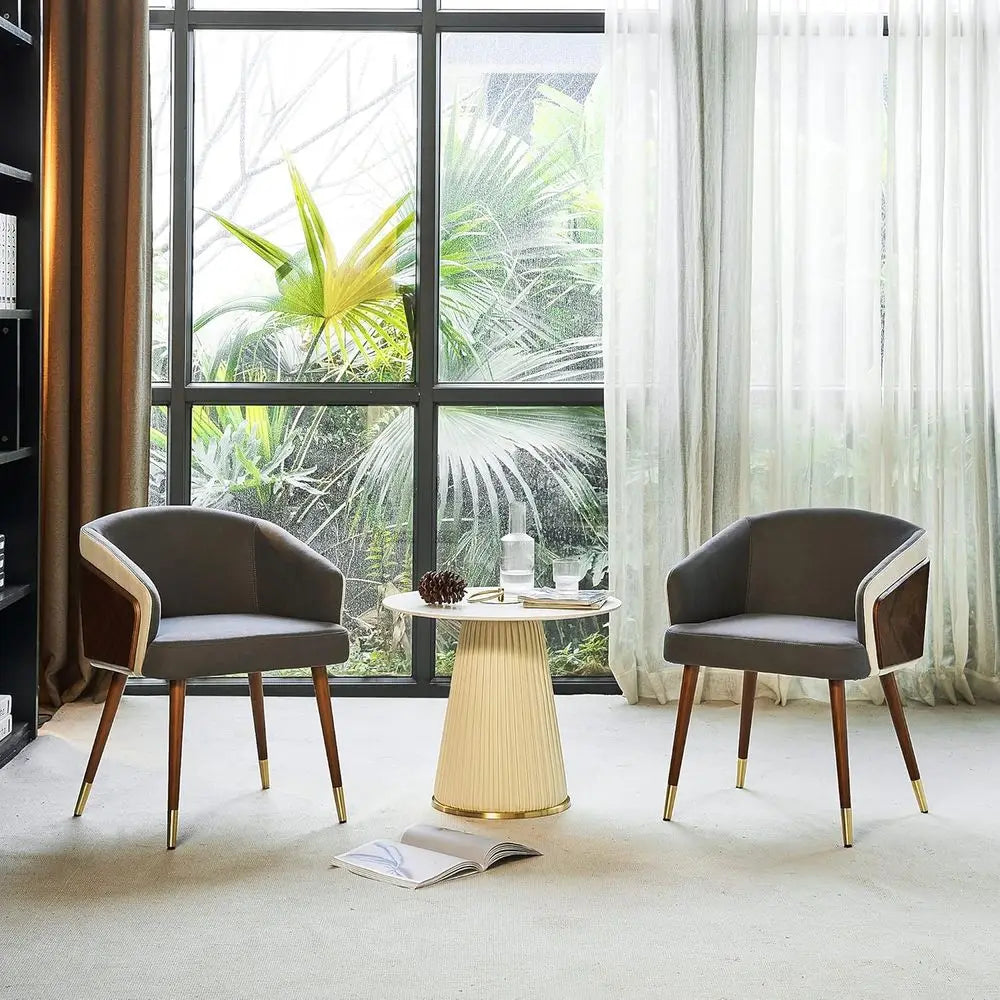 Mid-Century Modern Leather Accent Chairs Set of 2, Walnut Legs, Grey, Adjustable Seat