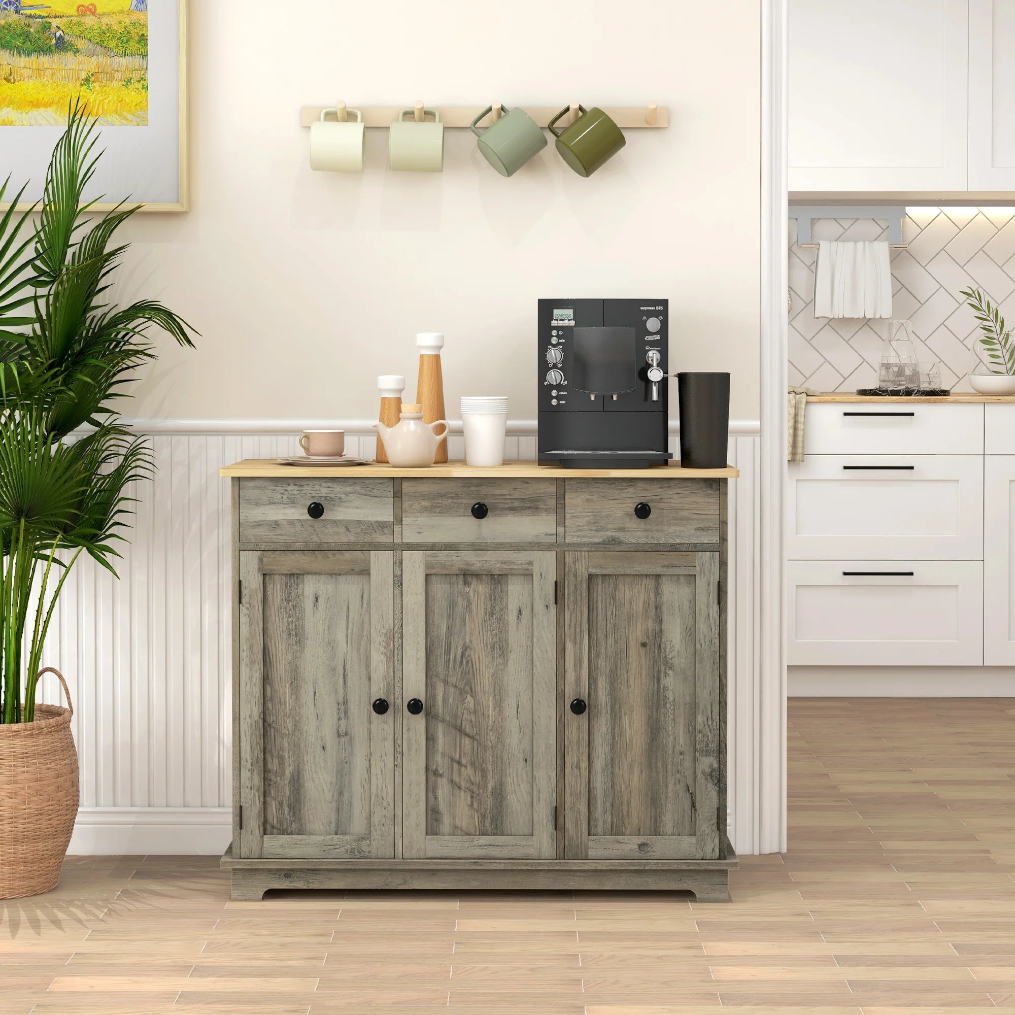 Sideboard Buffet Cabinet with Solid Wood Countertop, Modern Kitchen Storage Cabinet, Coffee Bar Cabinet with 3 Drawers, Doors and Adjustable Shelf, Distressed Gray