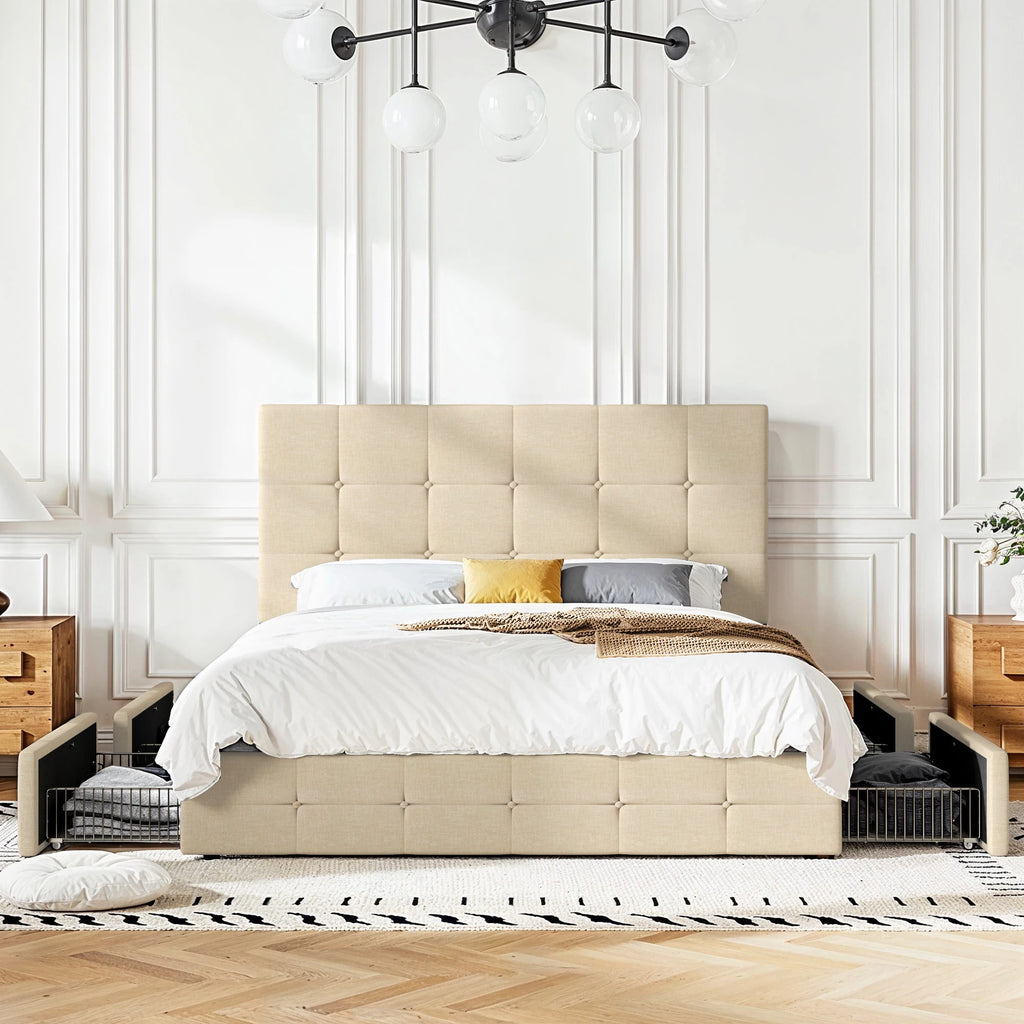 Platform Storage Bed Frame with 4 Drawers, Adjustable Headboard with Square Stitched Button Tufted Design Allewie