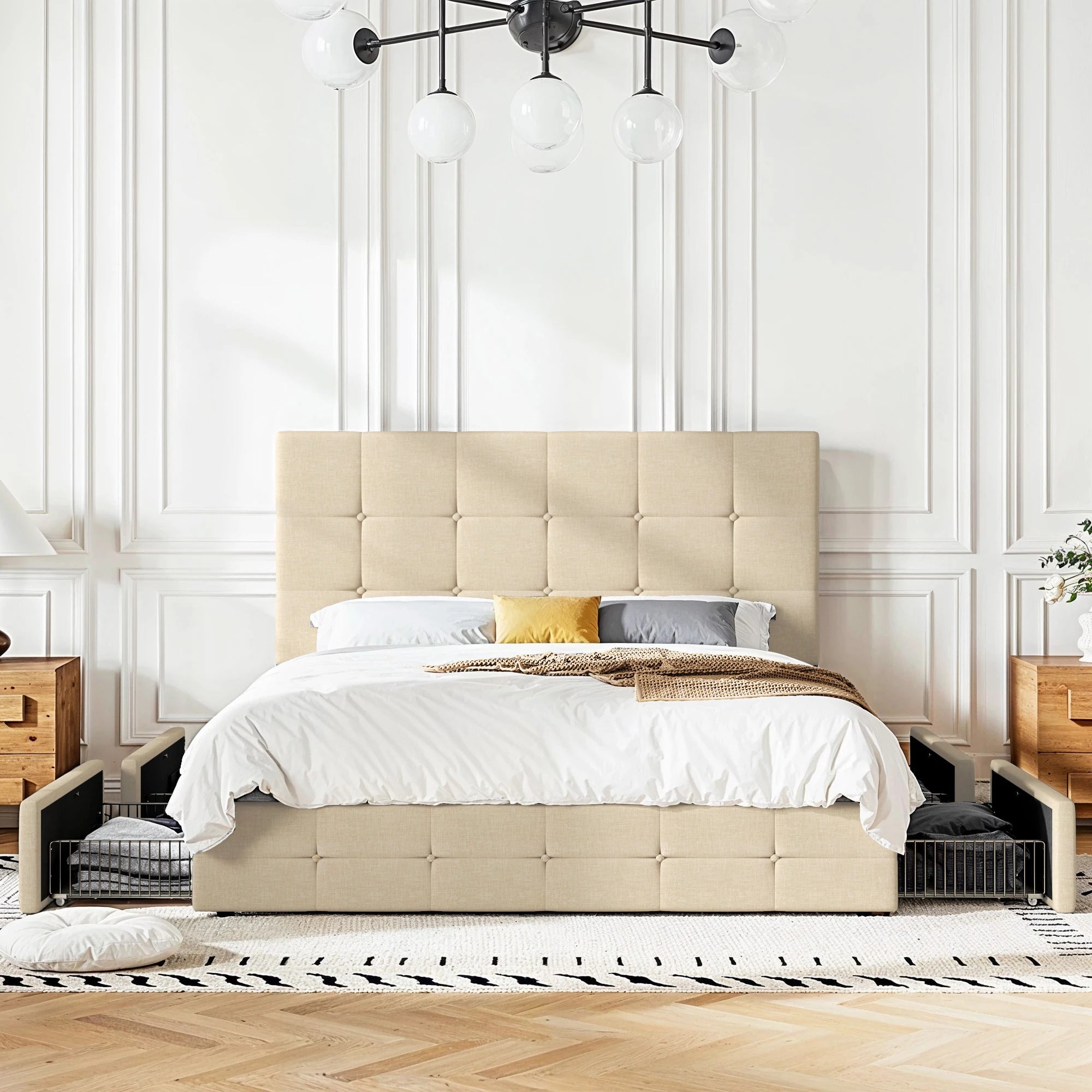 Platform Storage Bed Frame with 4 Drawers, Adjustable Headboard with Square Stitched Button Tufted Design Allewie