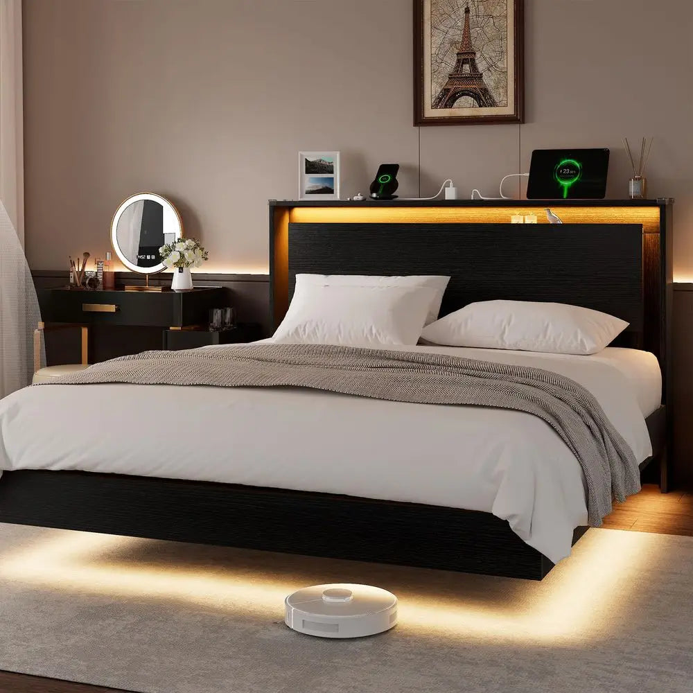 Bed Frame Queen Size with LED Lights Amp Charging Station Kids Wood Floating Queen Bed Frame with Storage Headboard, Adhesive S