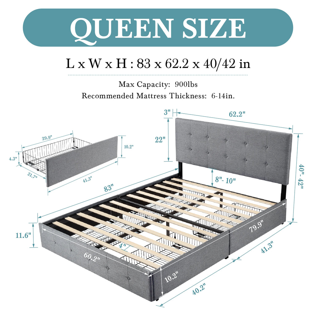 Platform Storage Bed Frame with 4 Drawers, Adjustable Headboard with Square Stitched Button Tufted Design Allewie