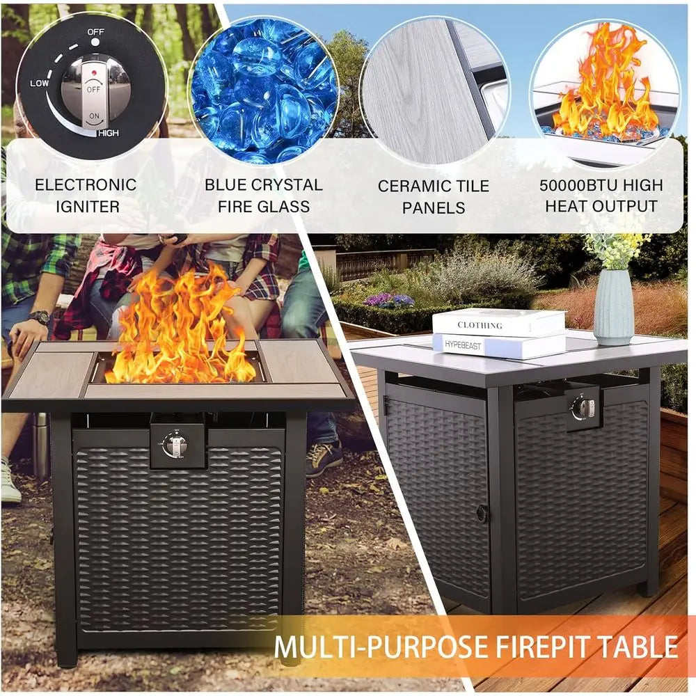 5-Piece Outdoor Patio Furniture Set with Grey Cushions, Black Rattan Wicker Sectional Sofa, Resin Couch, and Propane Fire Pit Ta