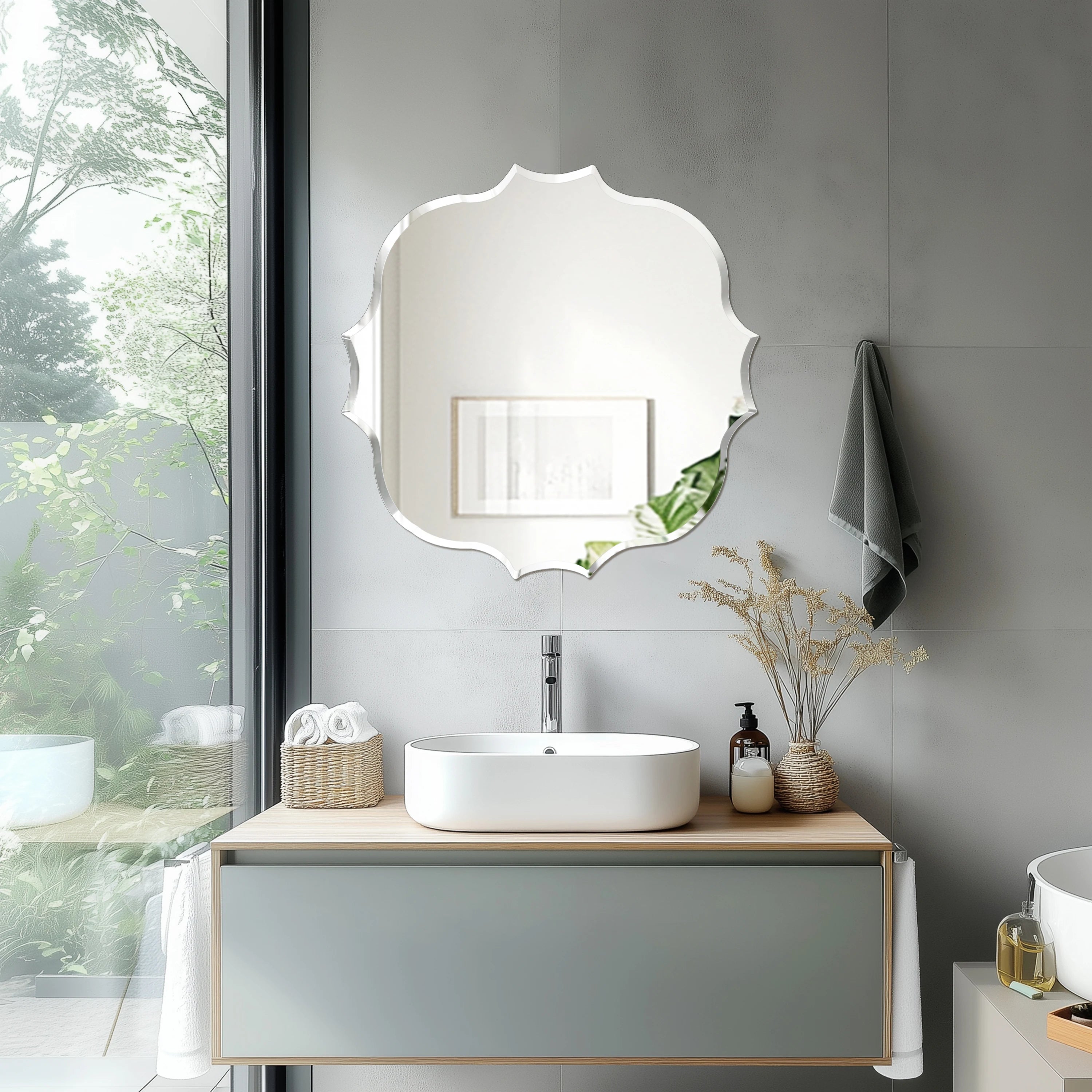 Frameless Silver Square Wall Hanging Mirror, Elegant Beveled Edges Frameless Wall Hanging Mirror, Modern Accent Decor