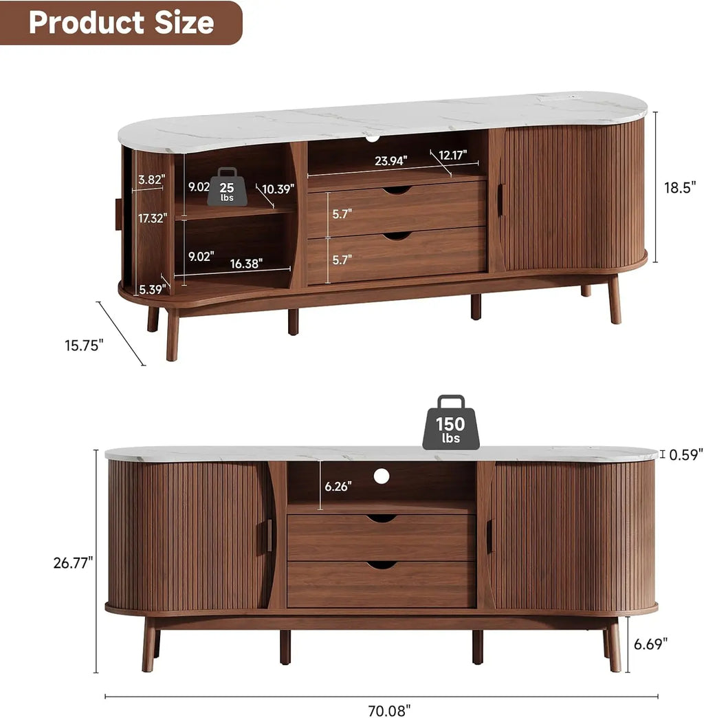 70-Inch Fluted TV Stand Entertainment Center for Tvs up to 80", Mid-Century Modern Bean-Shaped Console with Usb/Outlet, LED Lights & Storage - for Living Room, Bedroom (Black/Walnut)