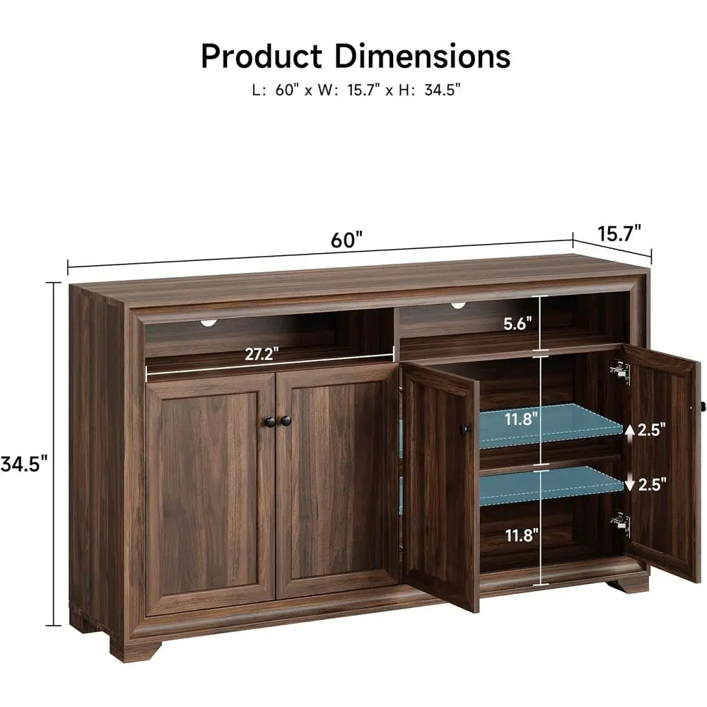60 Inch Sideboard Buffet Cabinet with Storage, Open Shelves & Adjustable Shelves, Suitable for Kitchen, Coffee Bar, Living Room,
