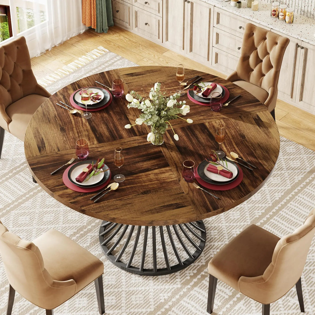 round Dining Table for 4-6 People, 47-Inch Farmhouse Dinning Room Table Circle Kitchen Table, Industrial Dinner Table